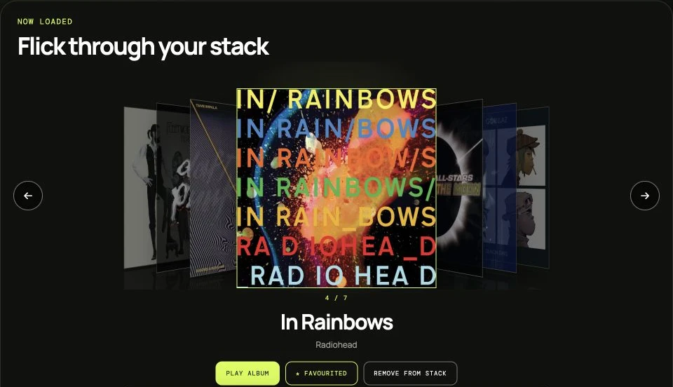 Album DJ Cover Flow showing a stack of album artwork with In Rainbows selected